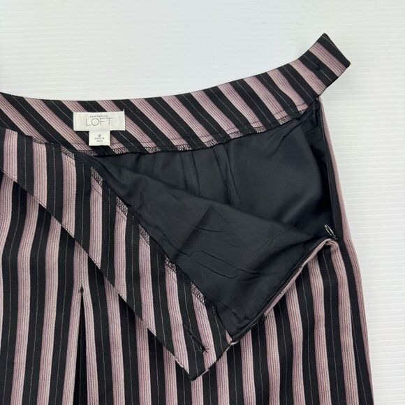 Ann Taylor Loft Skirt 8 Black Purple Stripe Button Detail Pleated Front Lined - Picture 4 of 10